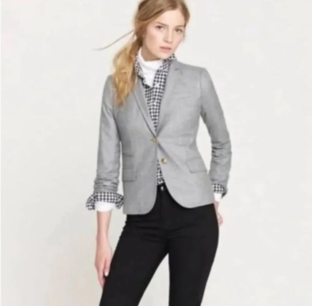 J. Crew Gray Wool Schoolboy Blazer Flannel Gold Crest Button Career Classic 6 S
